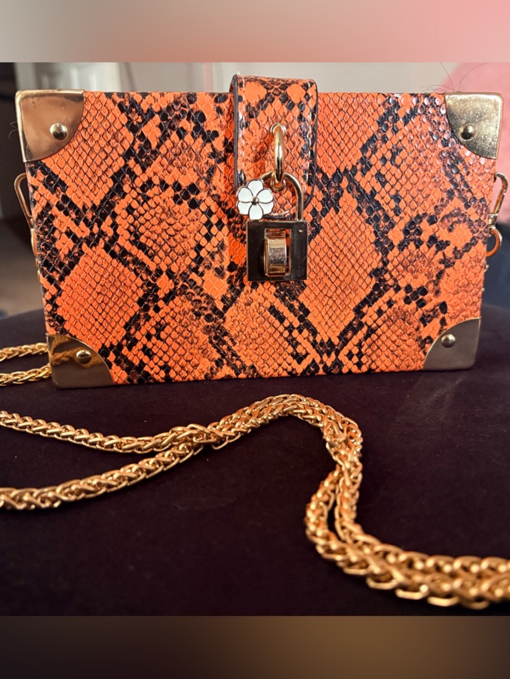 Orange Snake-Print Crossbody Bag with Gold Chain
